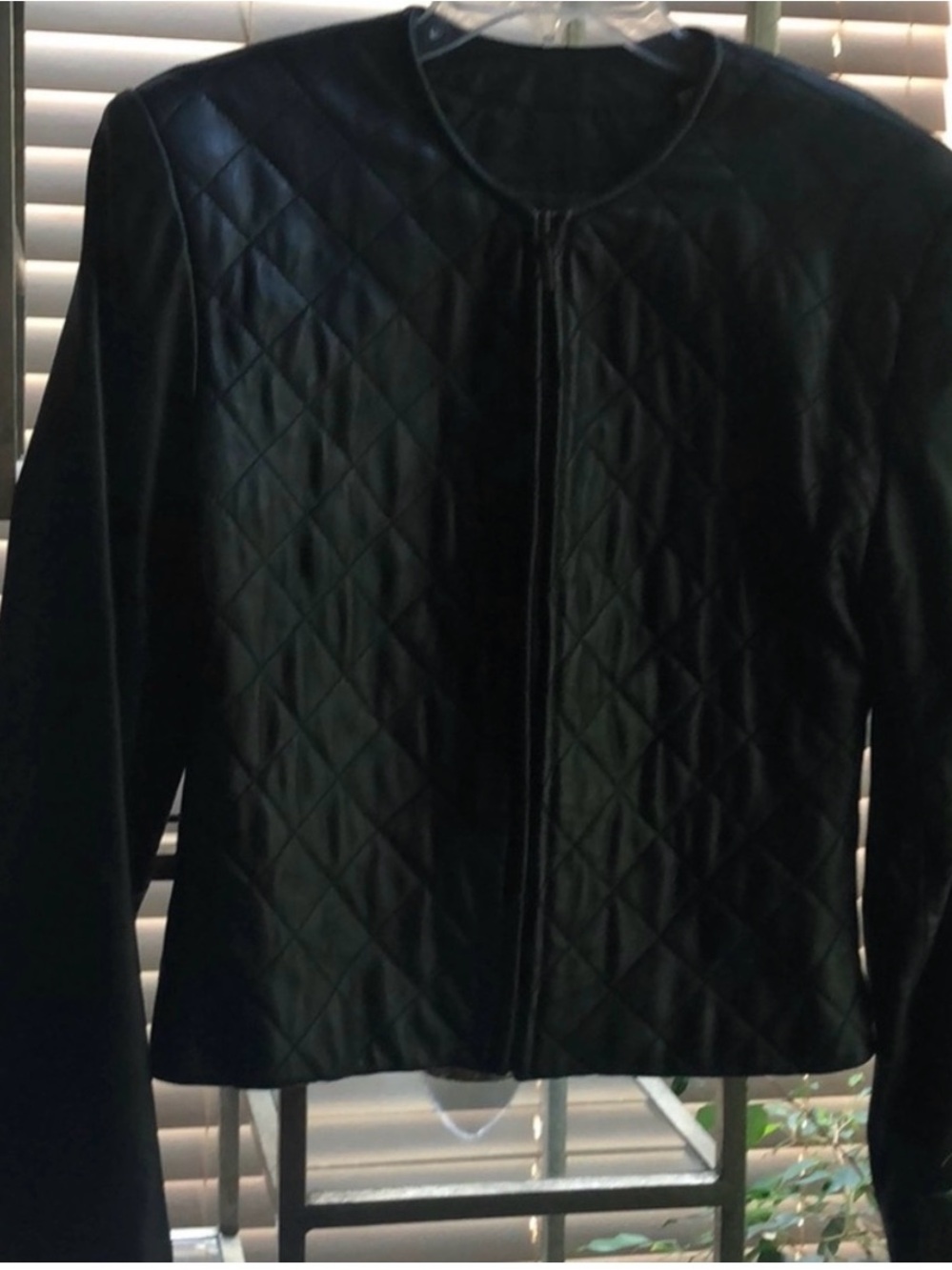 Women's Black Quilted Leather Jacket with Front Zip